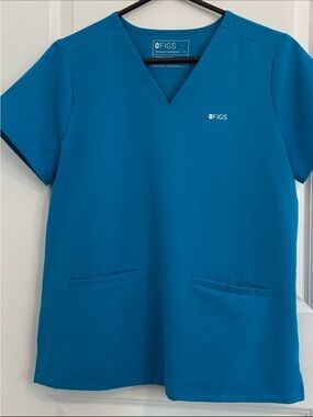FIGS Scrub Top Womens Medium Blue V-Neck Short Sleeve Pocket Turquoise